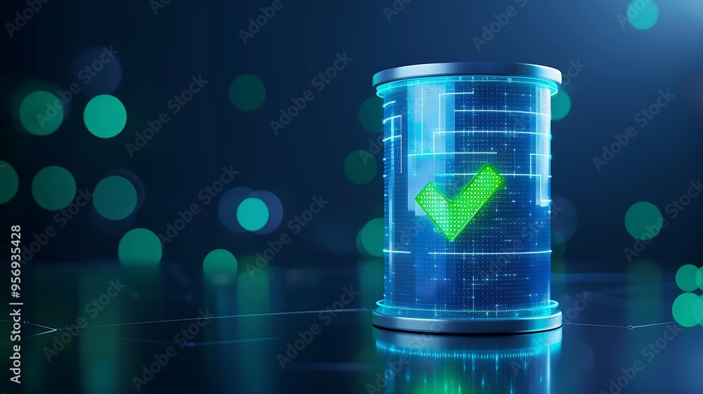 Poster a futuristic digital green checkmark icon within a transparent blue cylinder on a dark abstract back