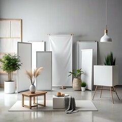 Modern interior mockup featuring blank canvases. a coffee table. and a stylish lamp.