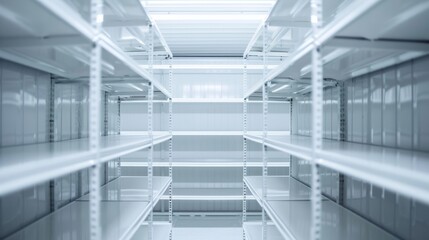 Obraz premium Empty shelves in a well-lit storage room create a minimalist and industrial atmosphere.