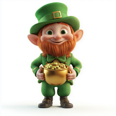 A mischievous leprechaun with a pot of gold, standing on a white background. Perfect for St. Patrick&rsquo;s Day promotions.