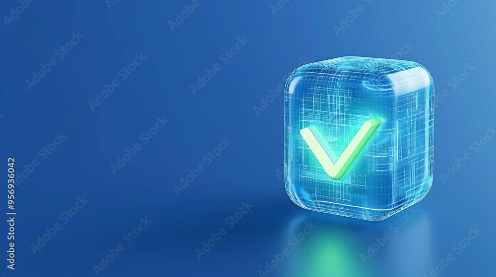 Poster a glowing checkmark icon inside a transparent glass cube on a blue background, symbolizing verificat