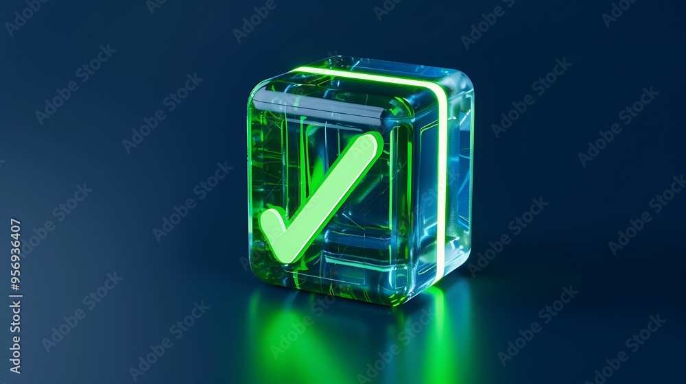 Poster a glowing green checkmark encapsulated in a transparent cube on a dark blue background, symbolizing 