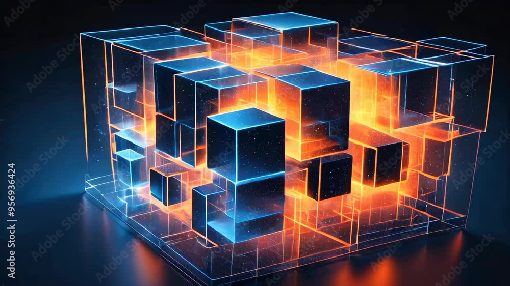 Poster interconnected transparent cubes in an abstract technology composition