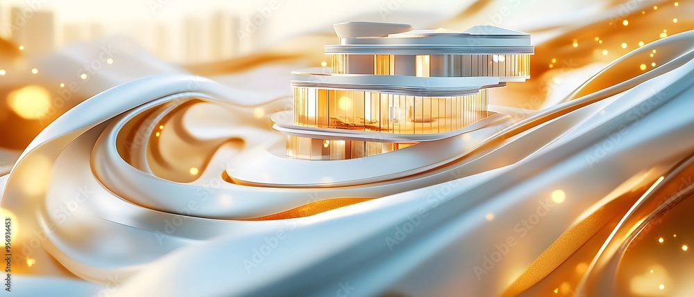 Poster modern architecture - futuristic building on a wave.