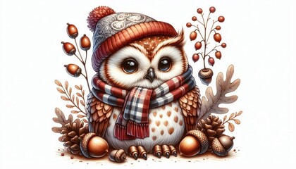 Obraz premium A charming watercolor illustration of a cute owl wearing a cozy red hat and scarf, surrounded by acorns and autumn foliage. The owl's big eyes and soft feathers convey a sense of warmth and cuteness.