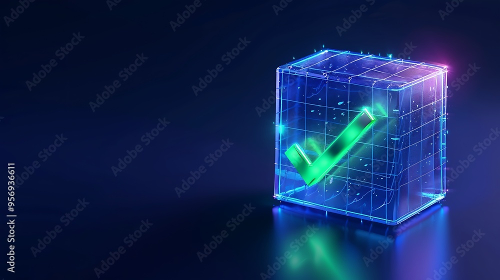 Poster a glowing green checkmark inside a transparent cube with a neon grid design, illustrating a concept 
