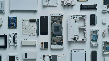 Various electronics parts and a disassembled device arranged neatly on a light surface, exposing their inner intricacies.