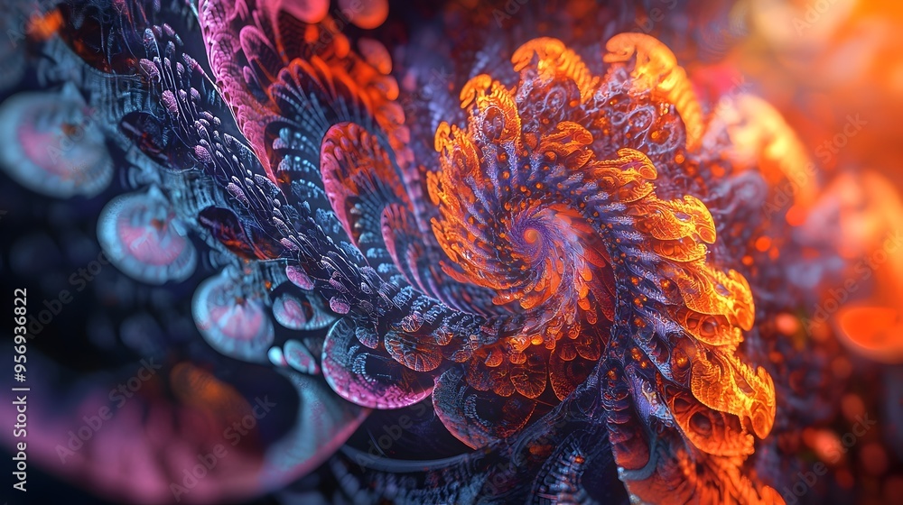 Poster vibrant and intricate fractal abstract patterns with mesmerizing digital designs