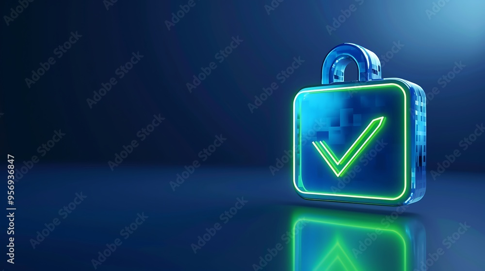 Poster a glowing security lock with a checkmark icon on a dark blue background, symbolizing cybersecurity a
