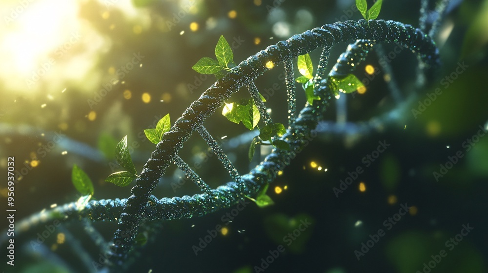 Poster a 3d rendering of a dna helix with green leaves growing around it. the background is a bokeh of ligh