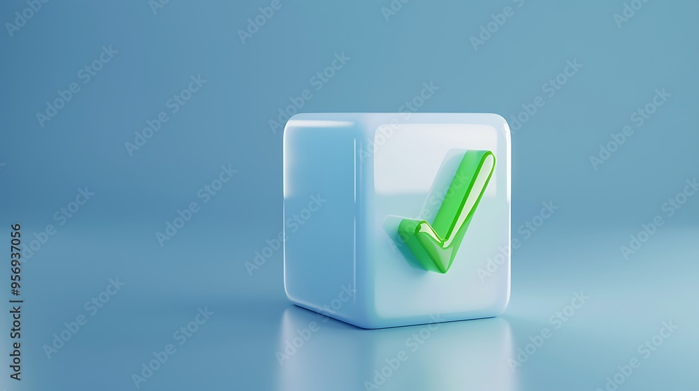Poster a green check mark on a transparent cube with a blue background symbolizing verification, approval, 