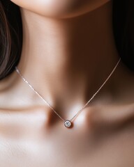 Close-up of a woman's neck adorned with a delicate diamond pendant necklace, showcasing elegant and sophisticated jewelry style.

