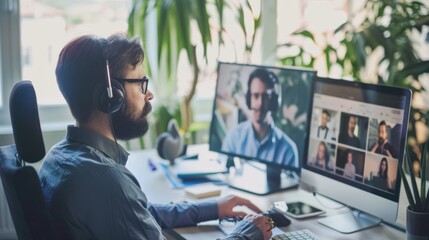 Man engages in an online meeting from a home office, interacting with multiple participants displayed on dual screens in a professional environment.