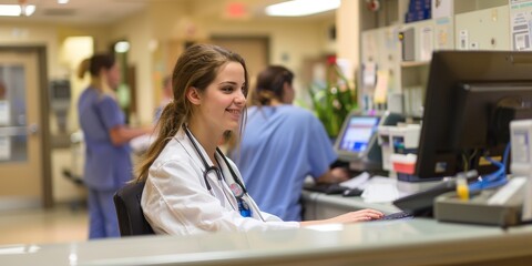 Obraz premium Hospital front desk receptionist coordinating with medical staff to manage patient flow