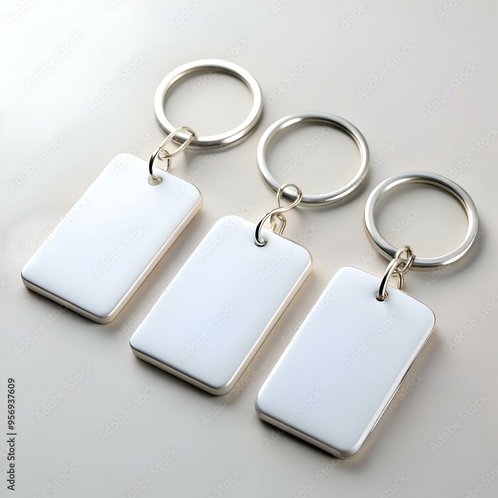 Poster three blank silver keychains with rings. perfect for adding your own design or logo.