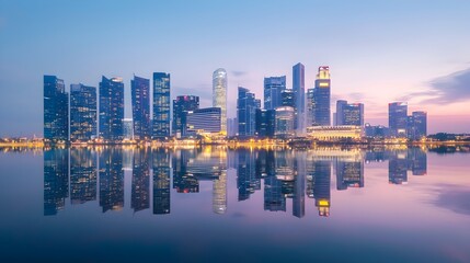 Fototapeta premium Serene urban skyline reflected in calm water during twilight hours