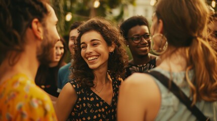 Obraz premium A lively outdoor gathering where friends share smiles and laughter, enjoying a bright, sunny day in each other’s company.