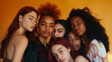 Fototapeta premium Diverse group of women pose closely, emanating confidence and grace against a warm yellow backdrop.