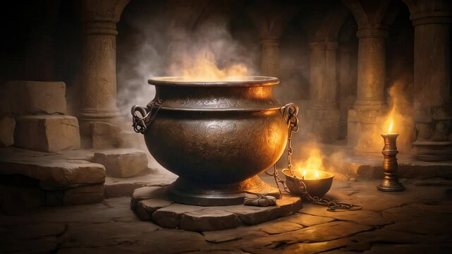 A sorcerer's cauldron boiling a potion
