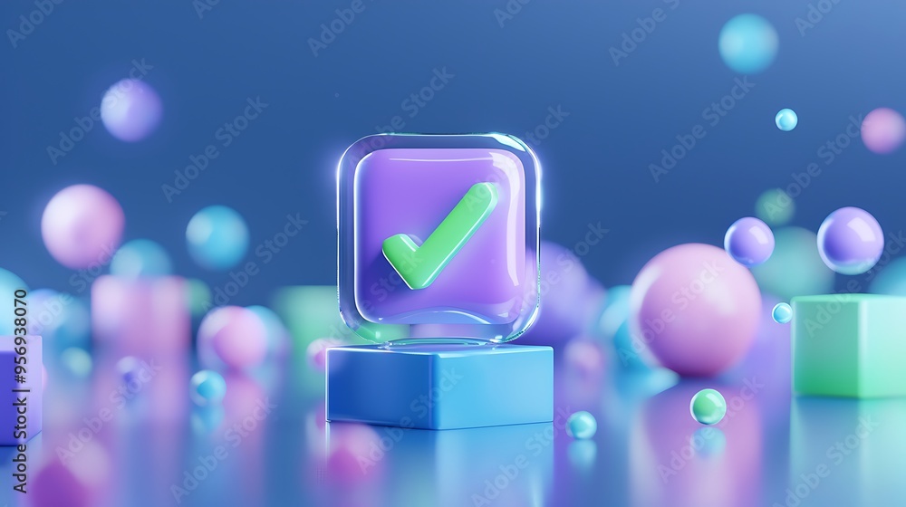 Poster abstract 3d rendering of a glossy checkmark icon among floating colorful geometric shapes, depicting
