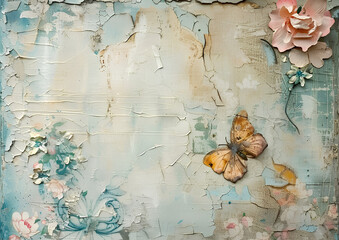 A vintage-style scrapbook paper featuring handwritten letters and postcards, with faded ink designs creating an antique look.