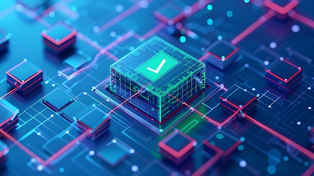 Abstract 3D rendering of a digital circuit board with a green checkmark. Concept of technology, blockchain, and data validation.