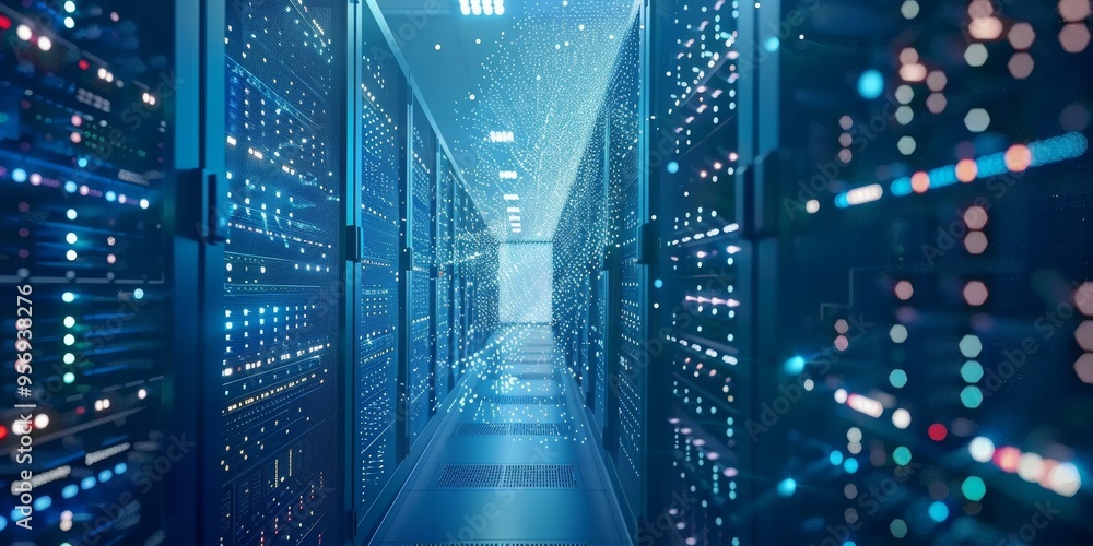 Poster a network server room with a double exposure of glowing data streams, highlighting data processing a