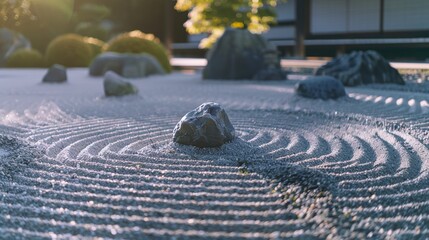 Obraz premium A landscaped Zen garden bathed in soft sunlight, with meticulously raked sand and thoughtfully placed rocks creating a tranquil scene.