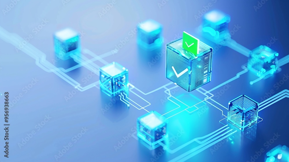 Poster abstract digital blockchain representation with checkmark icons on blue background, illustrating dat