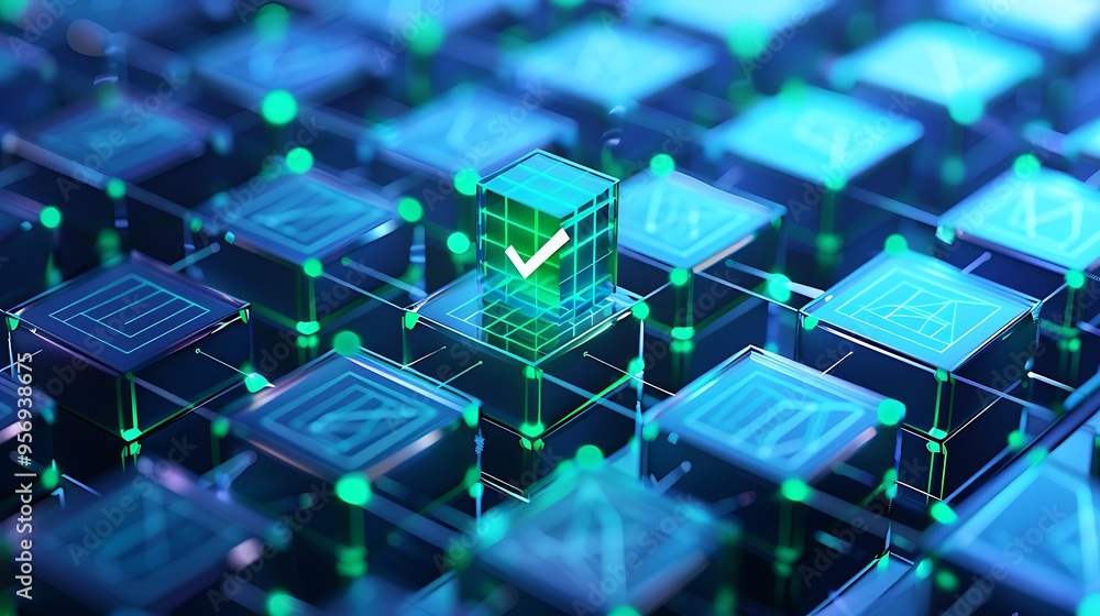 Poster abstract digital blockchain network with glowing checkmark, representing technology, data security a
