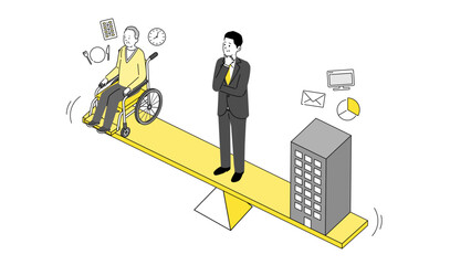 介護と仕事の両立イメージのイラスト、天秤に立つ男性ビジネスマン、ベクター