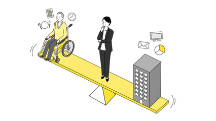 介護と仕事の両立イメージのイラスト、天秤に立つ女性ビジネスマン、ベクター