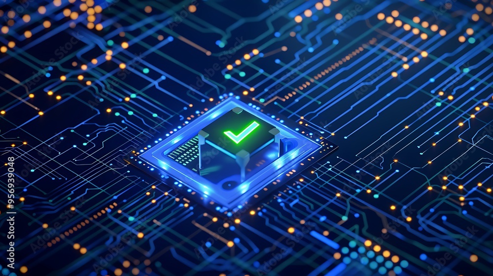 Poster abstract digital technology background with glowing circuits. high-tech green checkmark icon at the 
