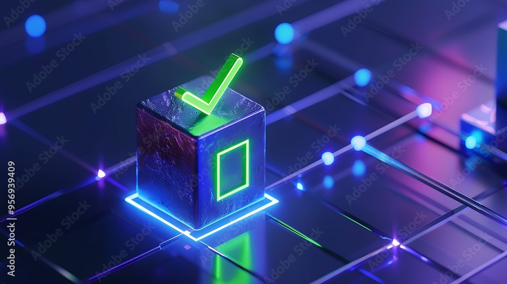 Poster abstract representation of a digital checkbox in neon lights, suggesting technology and futuristic d