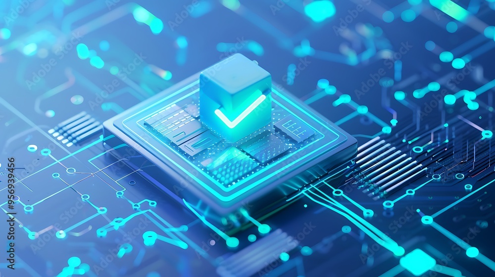 Poster abstract representation of a microchip and checkmark on circuit board, symbolizing technology, secur