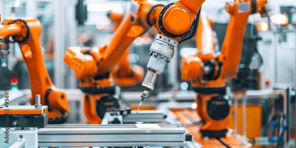 Poster industrial automation concept with robotic arms assembling products, technology and innovation
