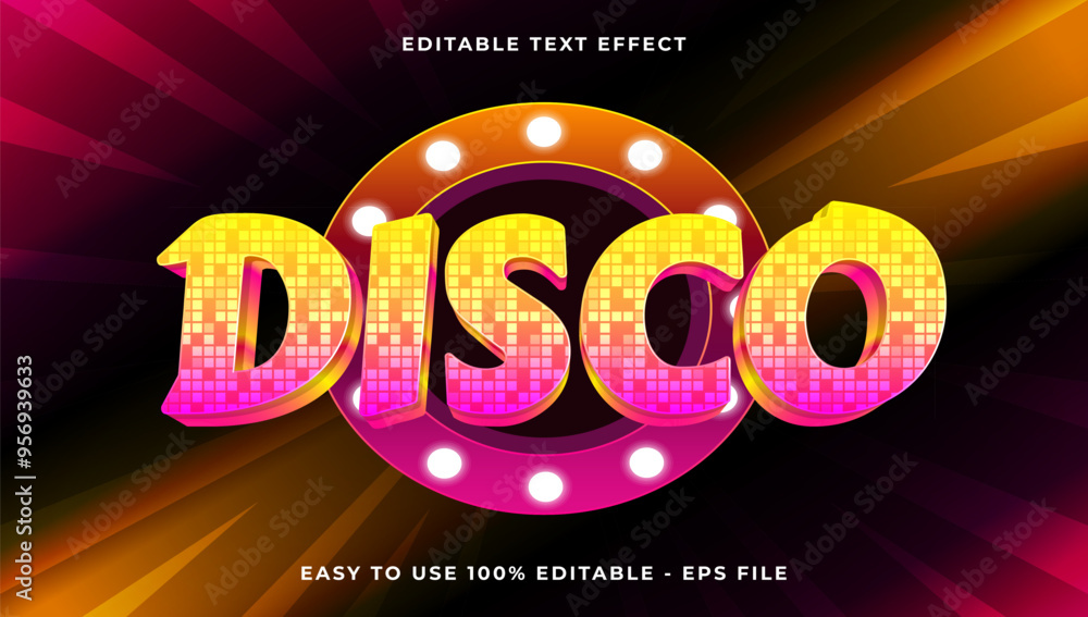 Poster disco gradient text style effect template, 3d glow light editable text effect