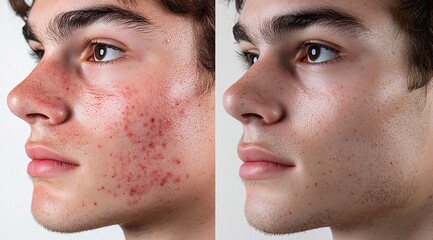Before and after acne treatment collage portrait of the face of young man
