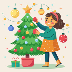 Download Girl Decorating Christmas Tree Vector With Baubles And Garlands Svg File For Design.