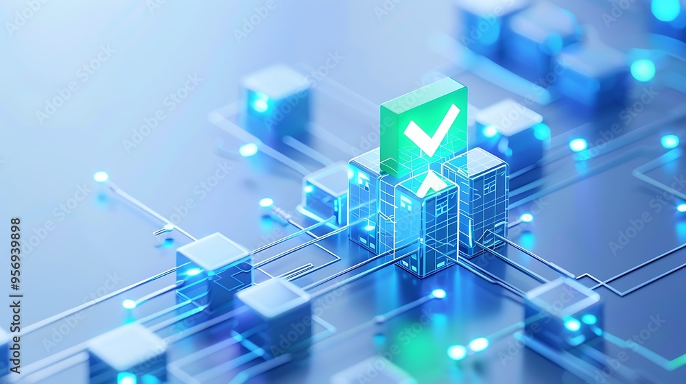 Poster blockchain technology concept with digital nodes and green verified tick in a futuristic background,