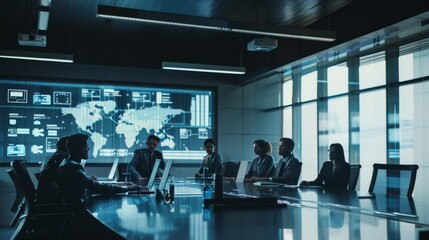 Executives in a high-tech meeting room, engaged in a strategic discussion with digital displays and a world map in the background.