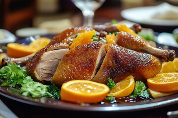 A beautifully presented roasted duck garnished with citrus slices and surrounded by fresh greens on an elegant dining table.