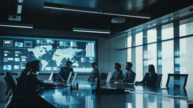 Executives in a high-tech meeting room, engaged in a strategic discussion with digital displays and a world map in the background.