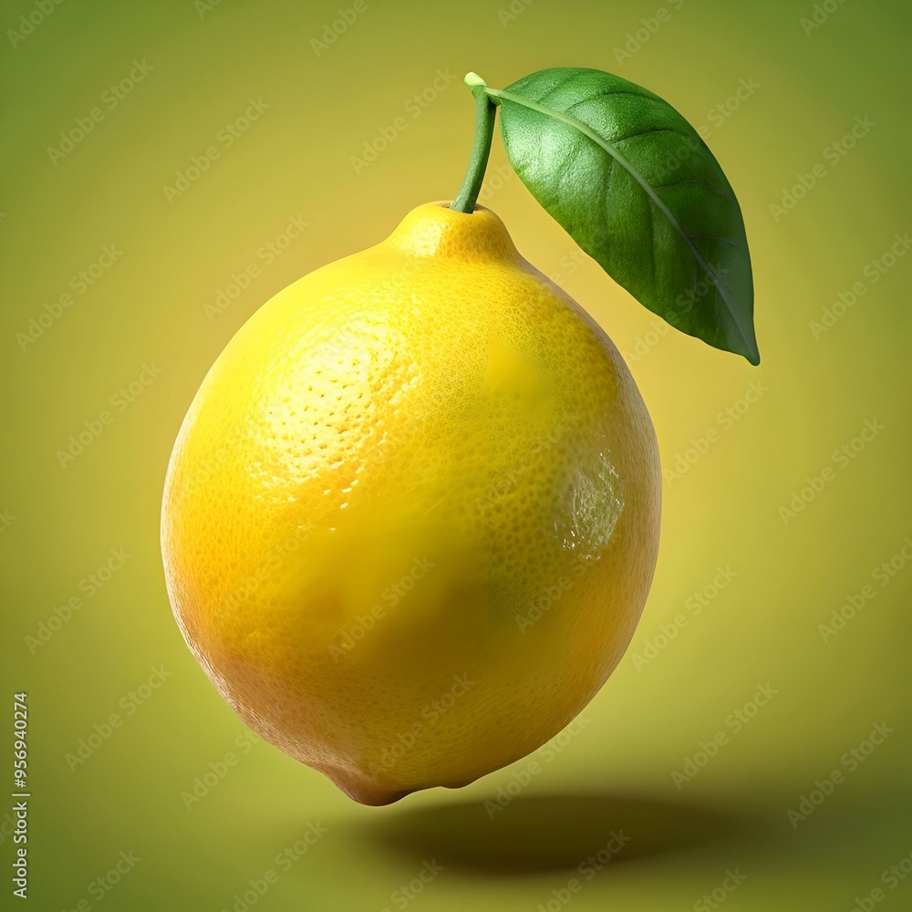 Poster a vibrant 3d illustration of a single. plump lemon with a green leaf. perfect for adding a touch of 