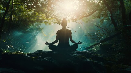 Obraz premium A silhouette of a person meditating in a serene forest as rays of sunlight filter through the lush canopy above.