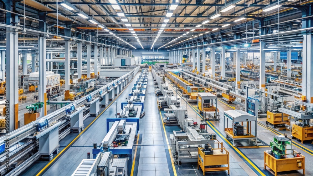 Poster rows of machines hum with efficiency as automated assembly lines manufacture goods on a massive scal