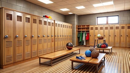 Rows of wooden lockers with combination locks, athletic equipment, and scattered school supplies create a nostalgic and energetic atmosphere in a high school locker room.