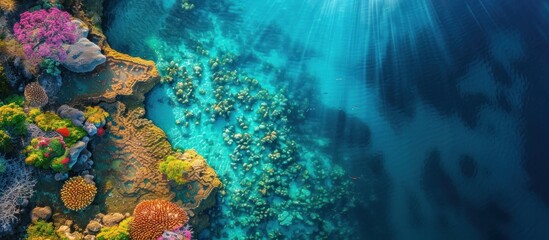 Obraz premium Captivating drone timelapse capturing the vibrant and colorful coral reef ecosystem in shallow clear waters The sunlight penetrates the surface
