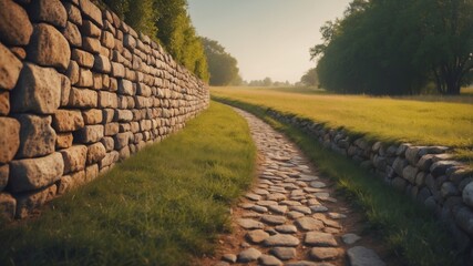 Cobblestone wall and walking path in a grassy field.