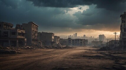 Obraz premium Desolate Cityscape of one Post Apocalyptic Metropolis Shrouded within Ominous Skies as well as Crumbling Ruins.